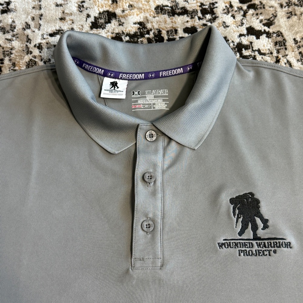 Under Armour Mens Polo Shirt Wounded Warrior Project 3XL Gray Heatgear Loose Fit
